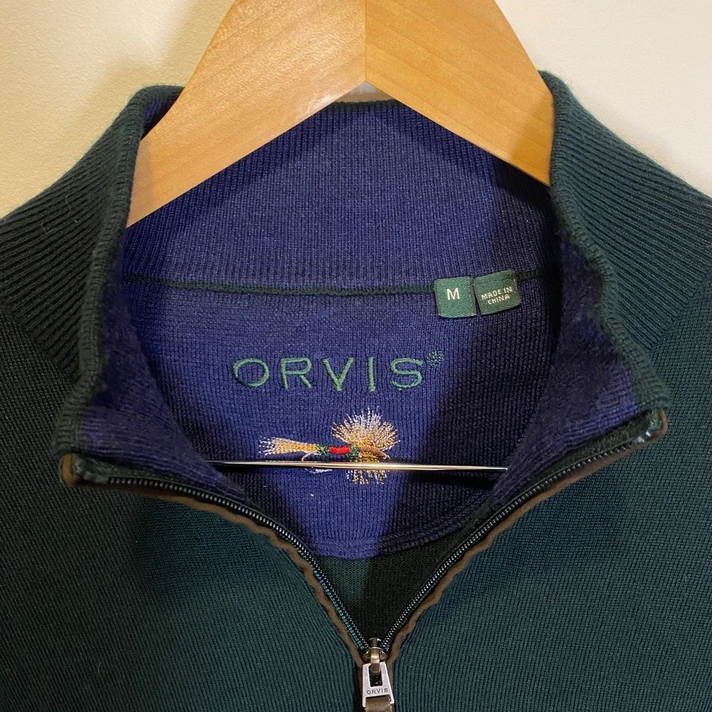 Orvis Pullover Sweater Mens M Green Merino Wool Quarter Zip Fly Fishing